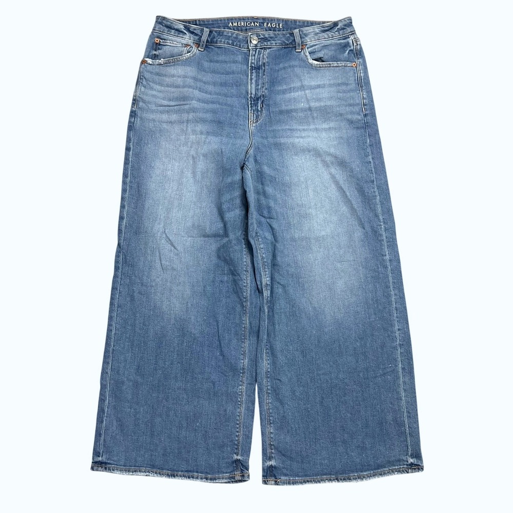 American Eagle Super High-Rise Baggy Wide Leg Jeans Blue Size 14 Short Whiskers